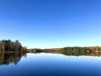 Scenic view of lake against clear blue sky