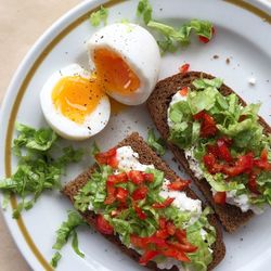 High angle view of toasted breads with cottage cheese and boiled eggs in plate