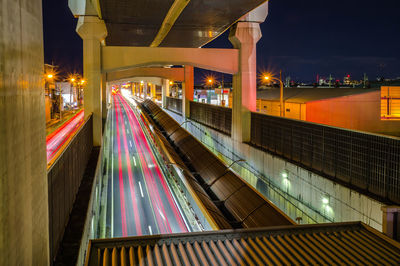 High angle view of light trails on street at night