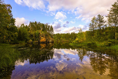 Reflection of trees in lake against sky