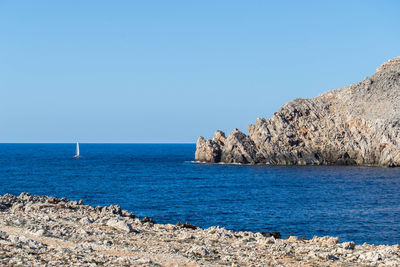 Scenic view of sea against clear blue sky