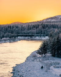 Snow covered land against sky during sunset