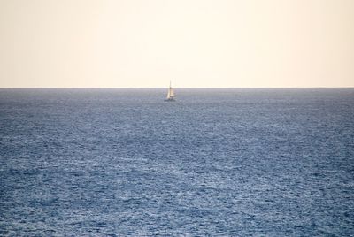 Sailboat sailing in sea against clear sky during sunset