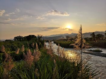 Panoramic view of lake against sky during sunset