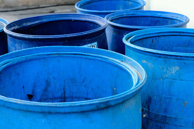 High angle view of blue container