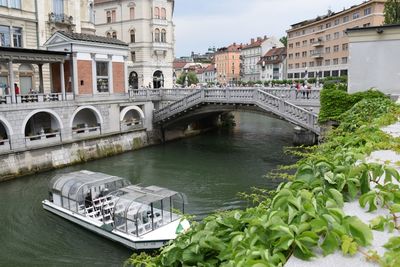 Bridge over river amidst buildings in city