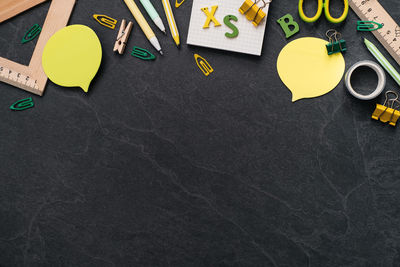 High angle view of objects on table