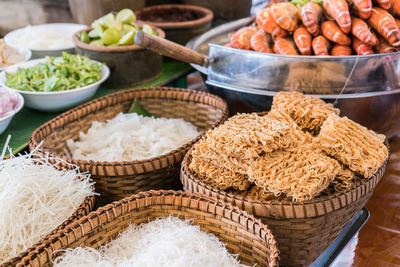 High angle view of vegetables in basket on table