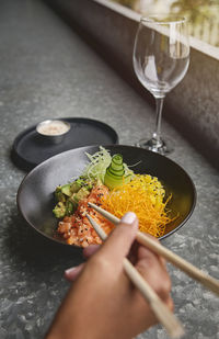 High angle view of food in plate on table
