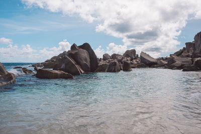 Rocks in sea against sky