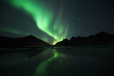 Scenic view of lake and mountains with auroras against sky at night