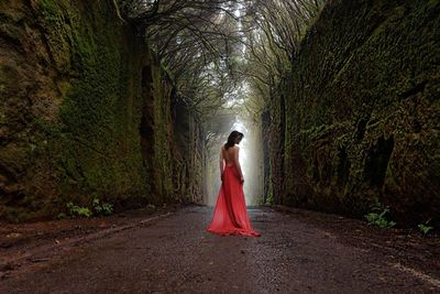 Rear view of woman standing on road amidst trees in forest