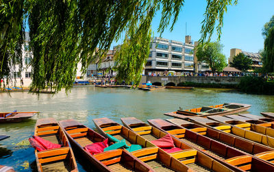 Boats moored in river against buildings