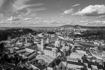 High angle shot of townscape against sky