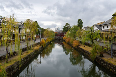 Canal amidst trees and buildings against sky