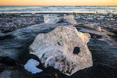 Close-up of ice on beach