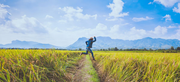 Rear view of man standing on field against sky