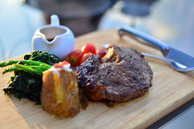 Close-up of food served on table