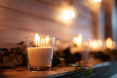 Close-up of illuminated candles on table