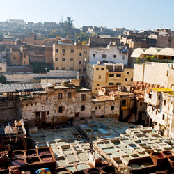 High angle view of old buildings in town