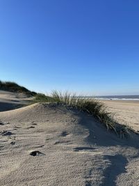 Scenic view of beach against clear blue sky