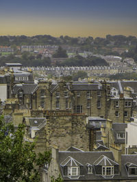 High angle view of townscape of edinburgh against sky
