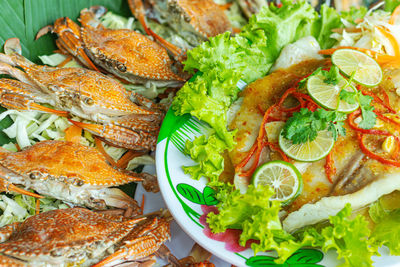 High angle view of fish served in plate