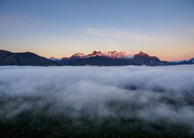 Scenic view of mountains against sky during sunset