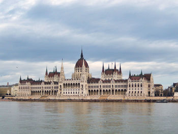 Buildings by river against cloudy sky