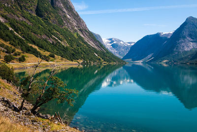 Scenic view of lake and mountains against sky