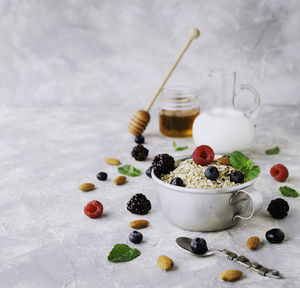 Close-up of breakfast served on table