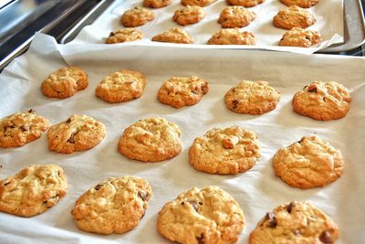 High angle view of cookies in tray