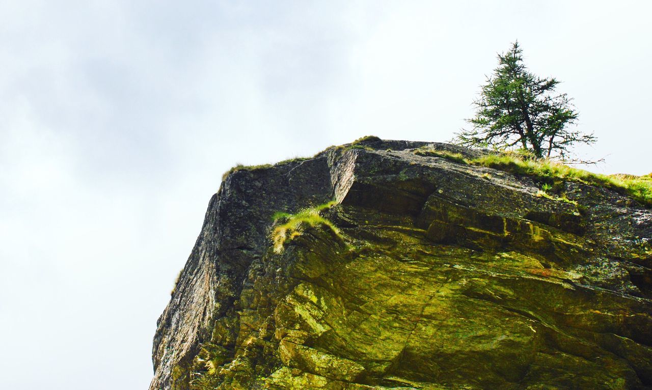 low angle view, sky, mountain, tranquil scene, tree, tranquility, scenics, beauty in nature, non-urban scene, tourism, nature, travel destinations, majestic, physical geography, outdoors, growth, vacations, day, geology, mountain range, high section, ethereal, no people, rock formation, green color, famous place