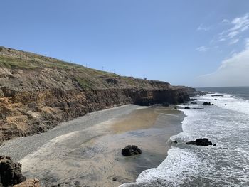 Scenic view of rocky beach against sky