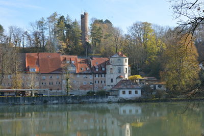 Houses by lake and buildings against sky