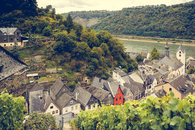 High angle view of houses and trees in town