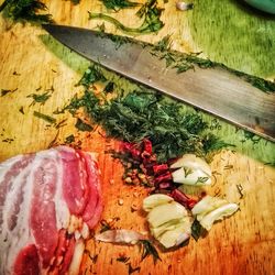 High angle view of bread on cutting board