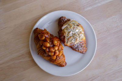 High angle view of breakfast served on table