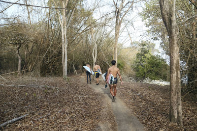 Men with surfboards walking in bamboo forest