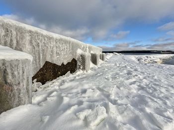 Snow covered landscape against sky