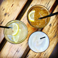 Directly above shot of drinks on table