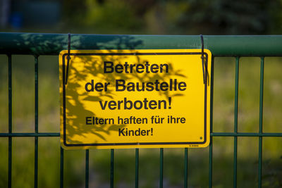 Close-up of information sign