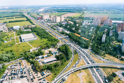 High angle view of street amidst buildings in city