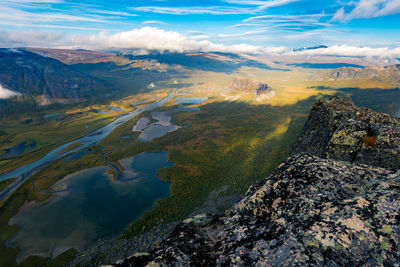 Beautiful, wild arctic valley viewed from mountain top in epic early morning light. 