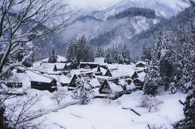 Snow covered trees and houses against mountain