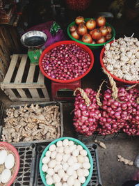 High angle view of fruits for sale at market stall