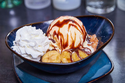 Close-up of dessert in plate on table