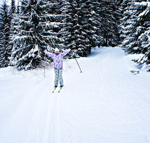 Young happy woman in winter ski clothing skiing in beautiful coniferous fir forest. winter sport