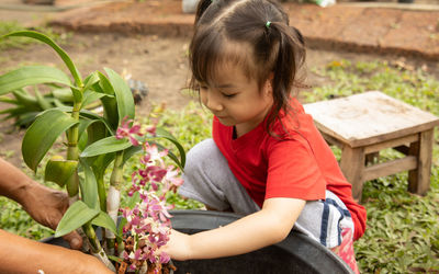 Rear view of girl holding flowers