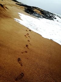 Close-up of footprints on sand at beach